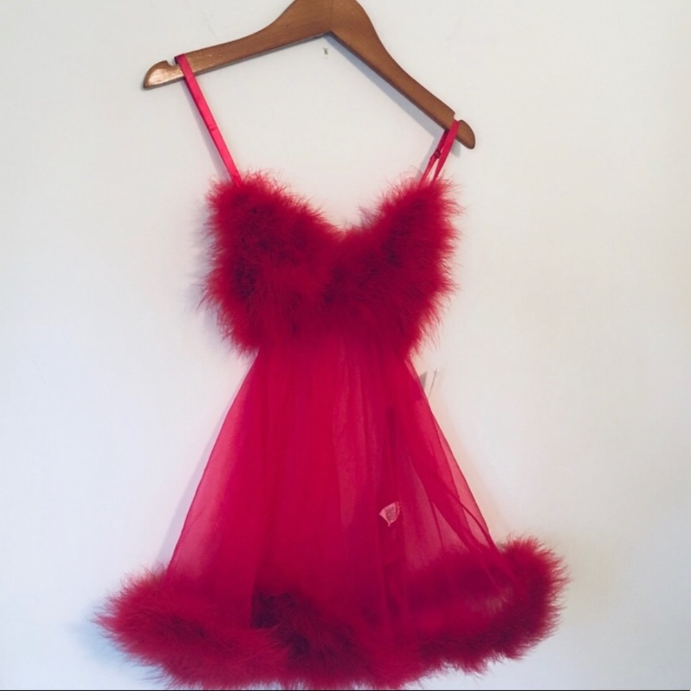 Frederick's of Hollywood Red Feathered Chemise